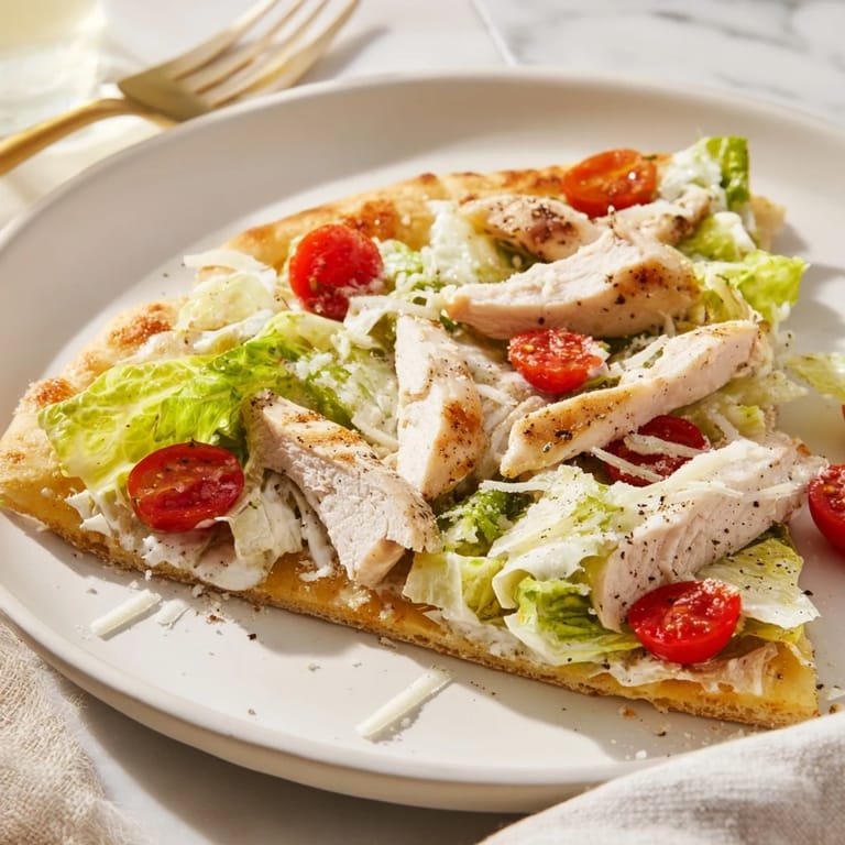 Overhead view of Caesar Chicken Flatbread with grilled chicken, Caesar salad mix, and Parmesan shavings on a rustic table.