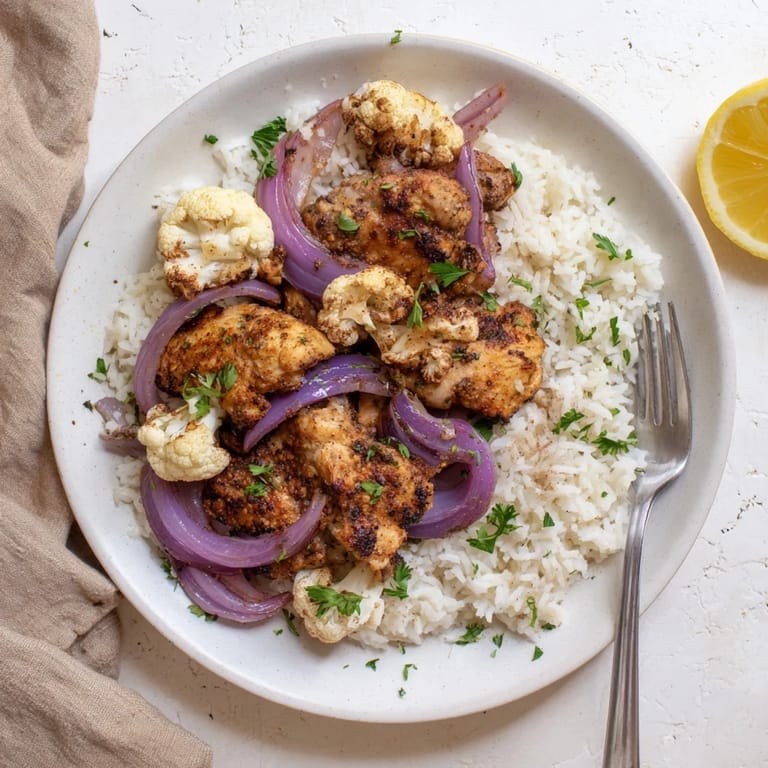Easy weeknight Roasted Cauliflower Chicken Sheet Pan with colorful vegetables and aromatic spices, garnished with cilantro and lemon for a bright finish.
