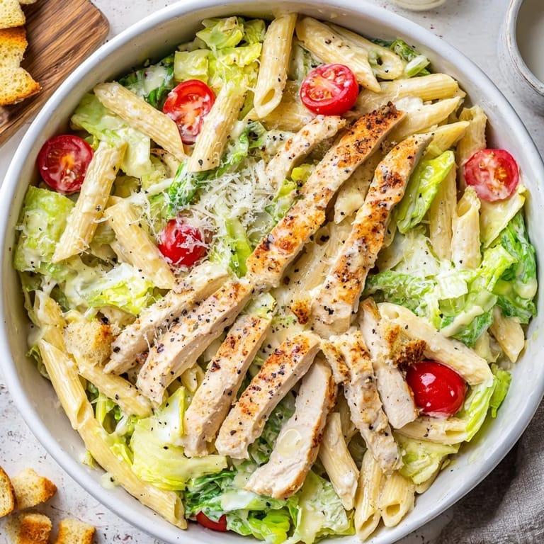A close view of a Caesar pasta chicken bowl featuring golden croutons, creamy dressing, and freshly grated Parmesan cheese.