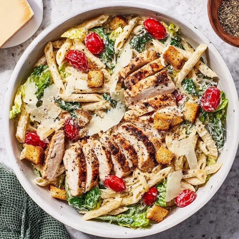 This Caesar pasta chicken bowl mixes al dente rotini with juicy chicken, romaine, and a rich, creamy Caesar dressing.