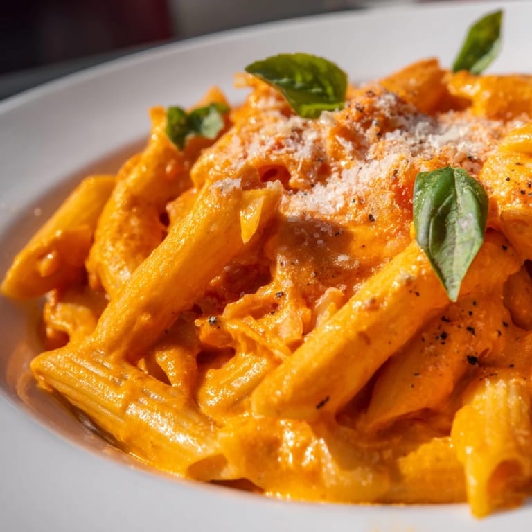 Creamy Roasted Red Pepper Pasta served alongside a crisp green salad and a glass of white wine on a rustic wooden table.