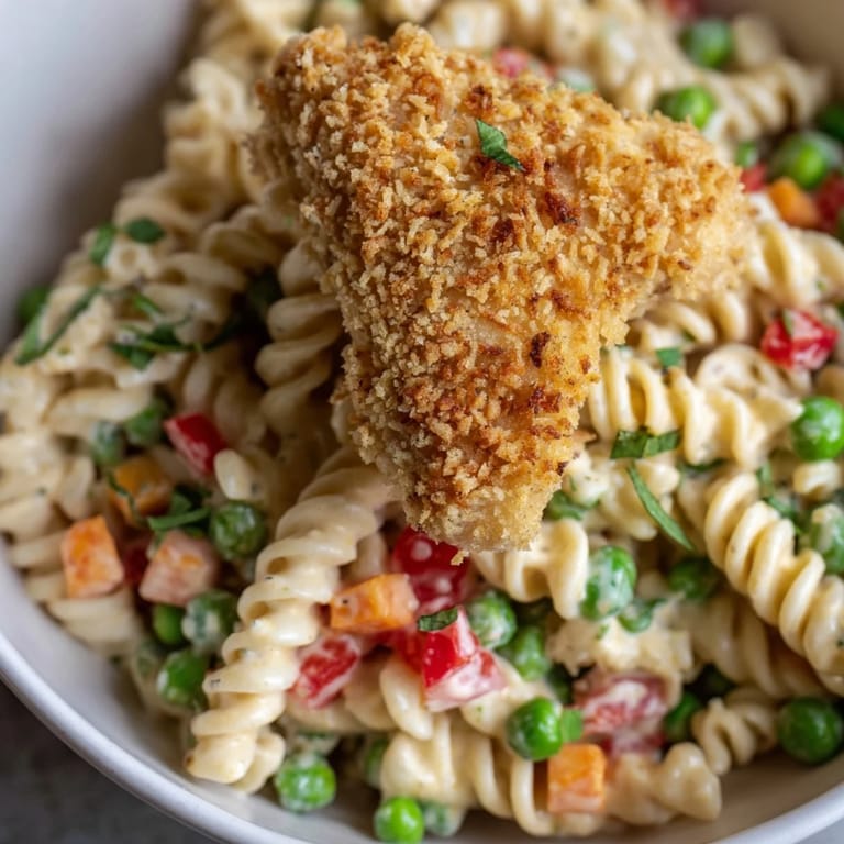 Hearty Crispy Chicken Ranch Pasta Salad ready for a picnic or potluck, featuring juicy chicken and cool ranch.