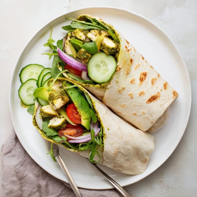 A close-up view of a chimichurri chicken salad wrap cut in half, revealing layers of juicy marinated chicken, avocado, and zesty sauce.