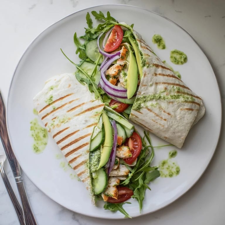Freshly prepared chimichurri chicken salad wraps arranged on a rustic platter, garnished with extra herbs and lemon wedges for a bright serving suggestion.