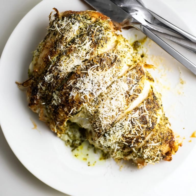 Sliced Mozzarella & Pesto Stuffed Chicken served alongside roasted vegetables and a glass of white wine on a rustic table.  