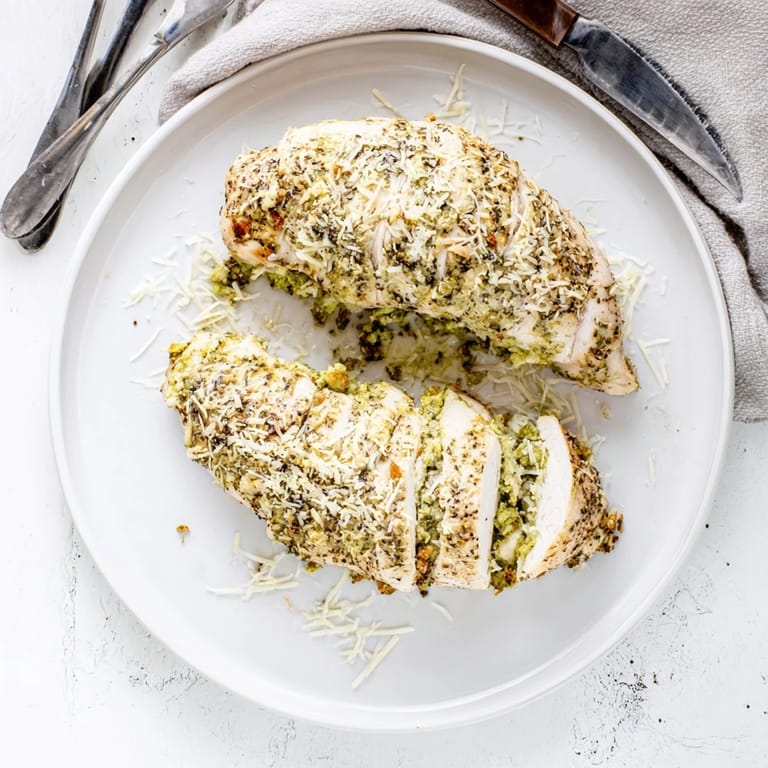 Juicy Mozzarella & Pesto Stuffed Chicken fresh from the oven, topped with melted Parmesan and aromatic Italian herbs.