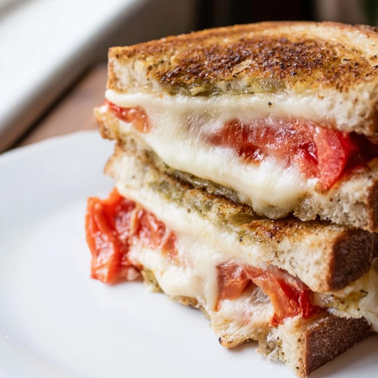 Two halves of a spicy Pepper Jack & Tomato Grilled Cheese stacked on a plate, perfect for lunch with a crisp green salad.