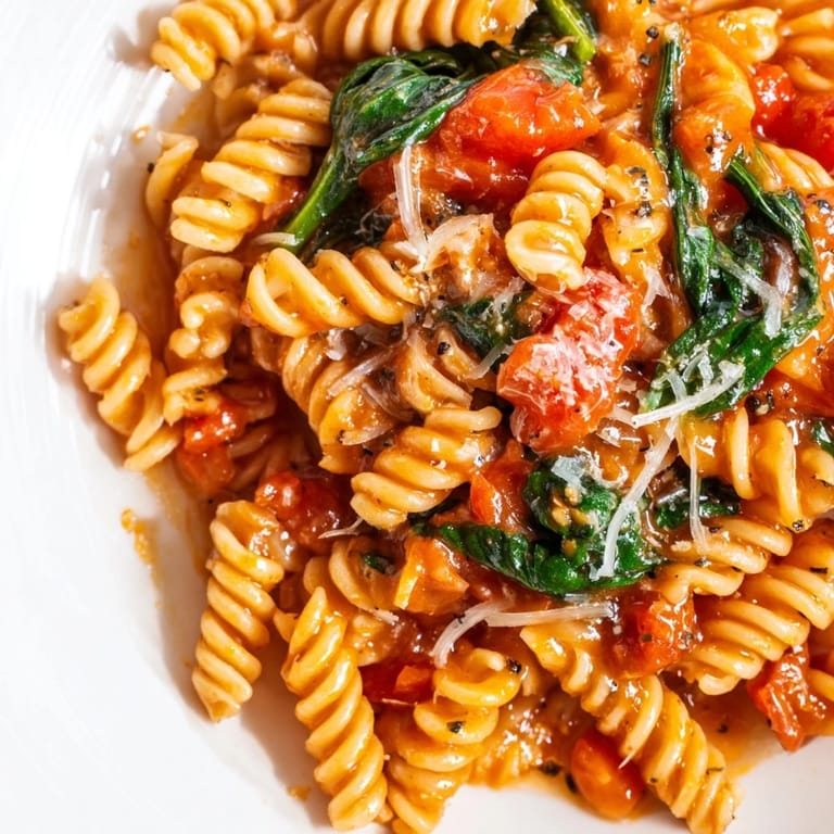 Steaming Tomato Spinach One-Pot Rotini with twirled pasta, vibrant spinach, and diced tomatoes for a comforting meal.