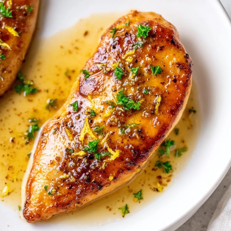 Sizzling, tender lemon pepper chicken breasts fresh from the skillet, coated in a zesty lemon-pepper butter sauce, perfect for a quick weeknight dinner.
