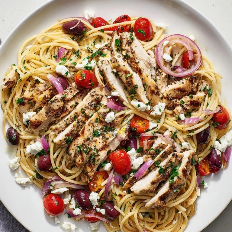 Bright Mediterranean flavors in a serving of Greek Chicken Spaghetti with parsley, red onion, and lemon dressing.