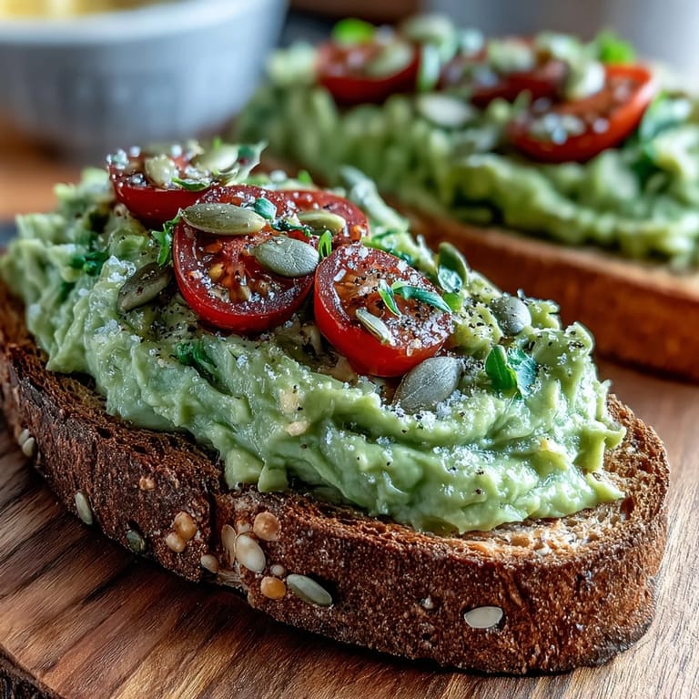 Whole grain avocado toast recipe with sliced tomatoes, sunflower seeds, and a hint of lemon juice for a fresh snack.