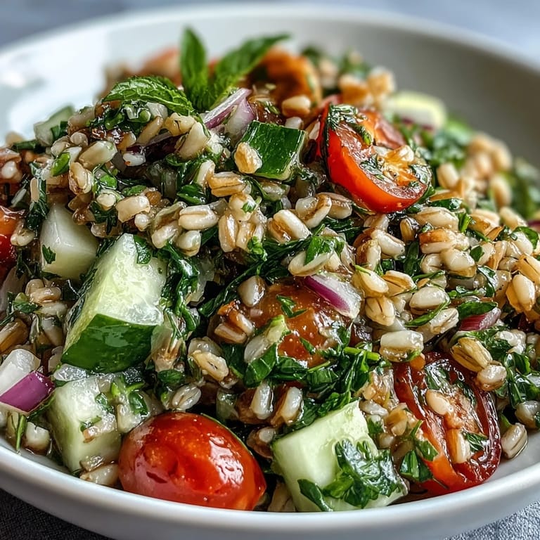 This chilled Barley and Herb Salad features diced cucumber, fresh herbs, and red onion, perfect as a refreshing vegetarian side dish for lunch.