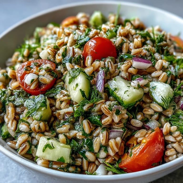 A close-up of Mediterranean Barley and Herb Salad, highlighting nutty grains, fresh dill, and glistening olive oil dressing for a light, flavorful meal.