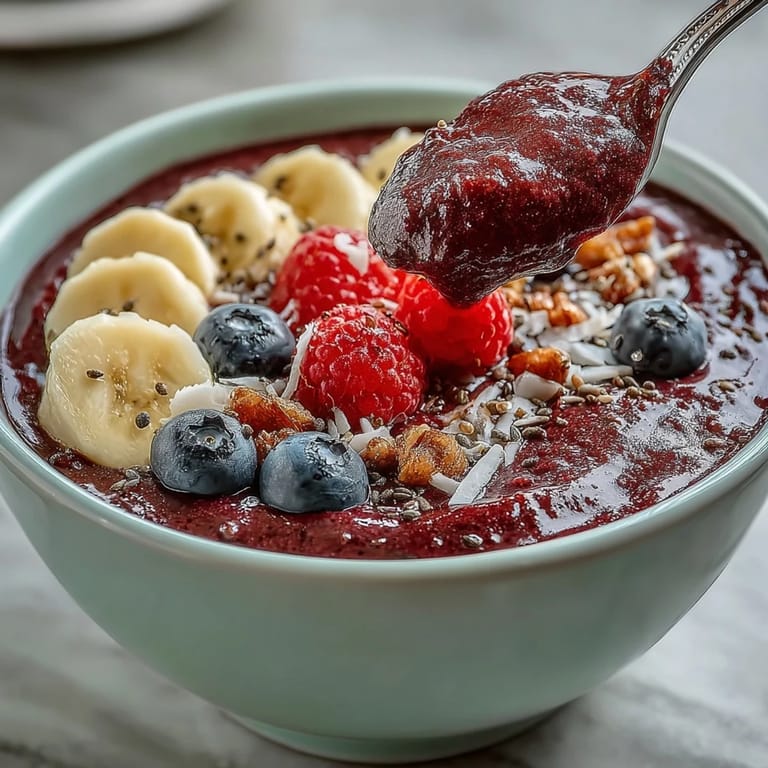 Enjoy a creamy, dairy-free Acai Berry Smoothie Bowl garnished with fresh berries, coconut flakes, and a drizzle of almond butter in a white bowl.