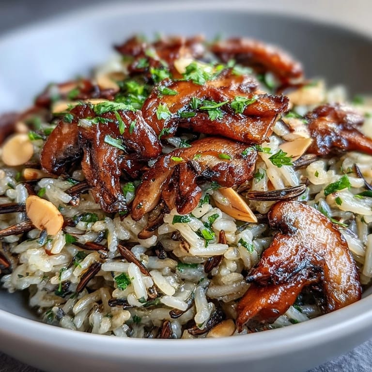 Savory wild rice and mushroom pilaf with caramelized onions and herbs in a rustic bowl.