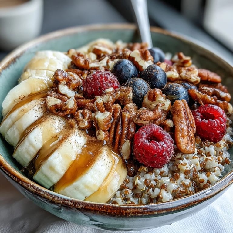 Gluten-free Buckwheat Groats Breakfast with fluffy grains, chopped walnuts, and juicy fruit, ready to enjoy for a nutritious morning meal.