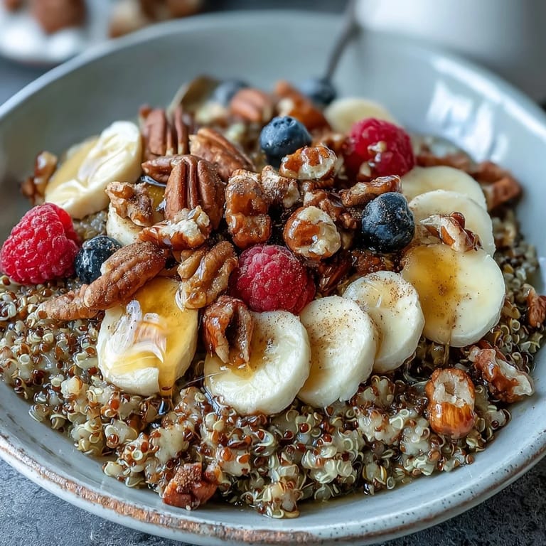 Tender, nutty buckwheat groats in a breakfast bowl, garnished with sliced bananas and drizzled with sweet maple syrup for a hearty start.
