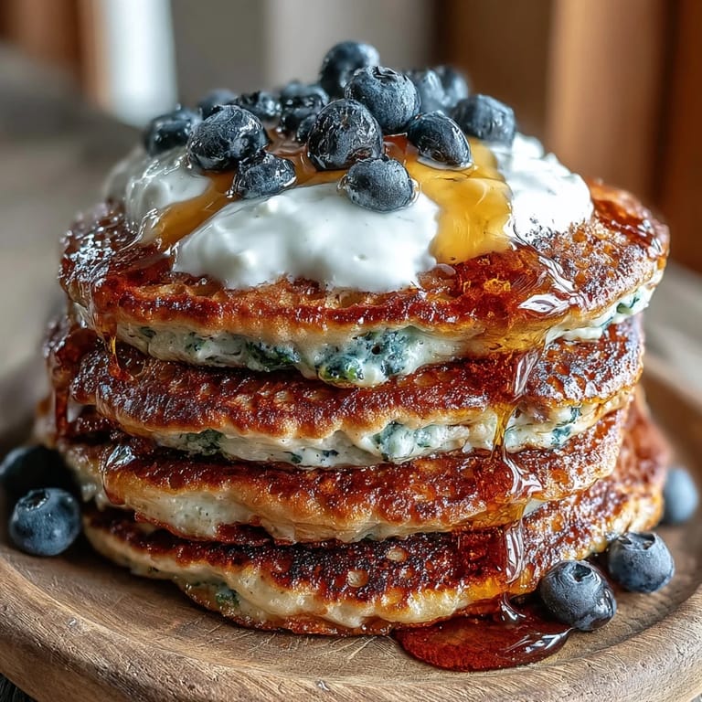 Steam rises from a fluffy stack of Protein Power Pancakes, topped with sliced banana and a dollop of Greek yogurt on a rustic wooden table.