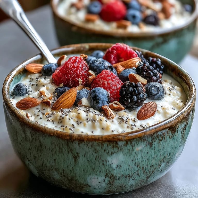 A warm bowl of millet porridge with fresh berries, chia seeds, and a drizzle of maple syrup.