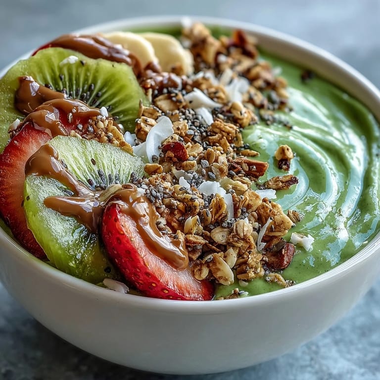 Spoon resting in a thick, creamy spinach smoothie bowl garnished with chia seeds and coconut flakes.  