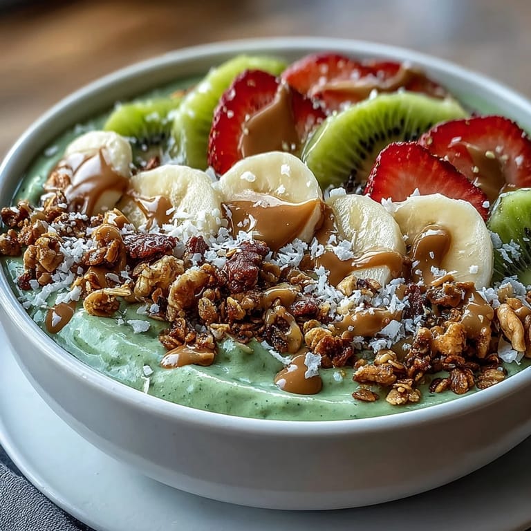 Ready-to-eat nutrient-packed green smoothie bowl with tropical fruits and oats, served as a refreshing breakfast.