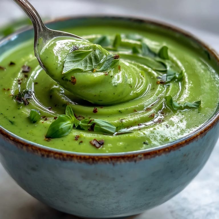A bowl of bright green Courgette, Pea and Pesto Soup, steaming gently next to a spoon and fresh basil.