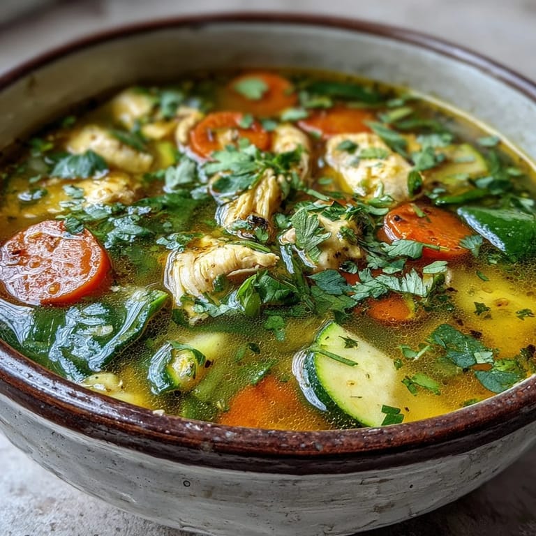Golden nourishing turmeric chicken soup served steaming hot, featuring tender chicken chunks and vibrant green parsley garnish.