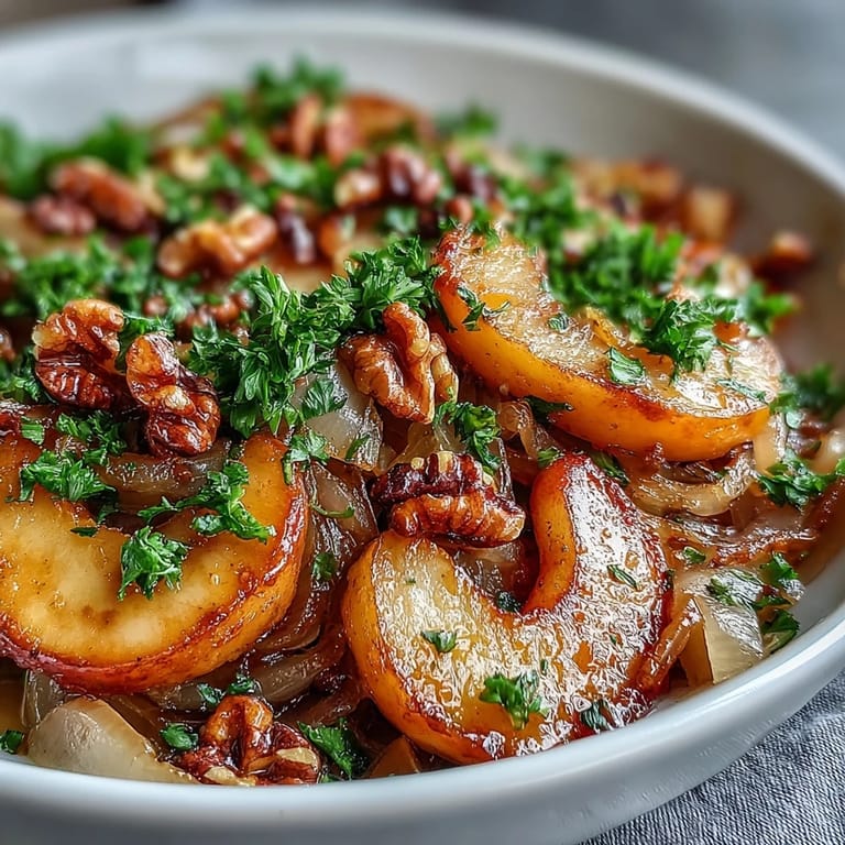 This vibrant Warm Apple and Sauerkraut Skillet Salad features sautéed apples, greens, and toasted pecans on a rustic wooden board.