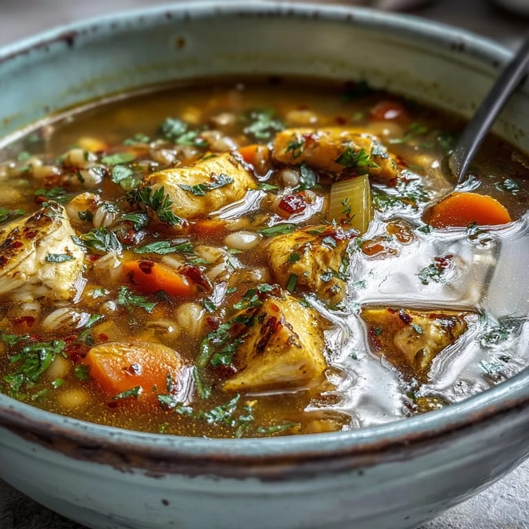 A hearty bowl of Soothing Turmeric Chicken With Pearl Barley, featuring tender chicken and golden broth, perfect for cozy weeknight dinners.