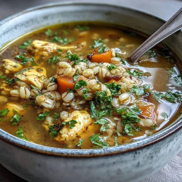 Close-up of Soothing Turmeric Chicken With Pearl Barley, showcasing diced carrots, celery, and zucchini in a warm, savory broth.