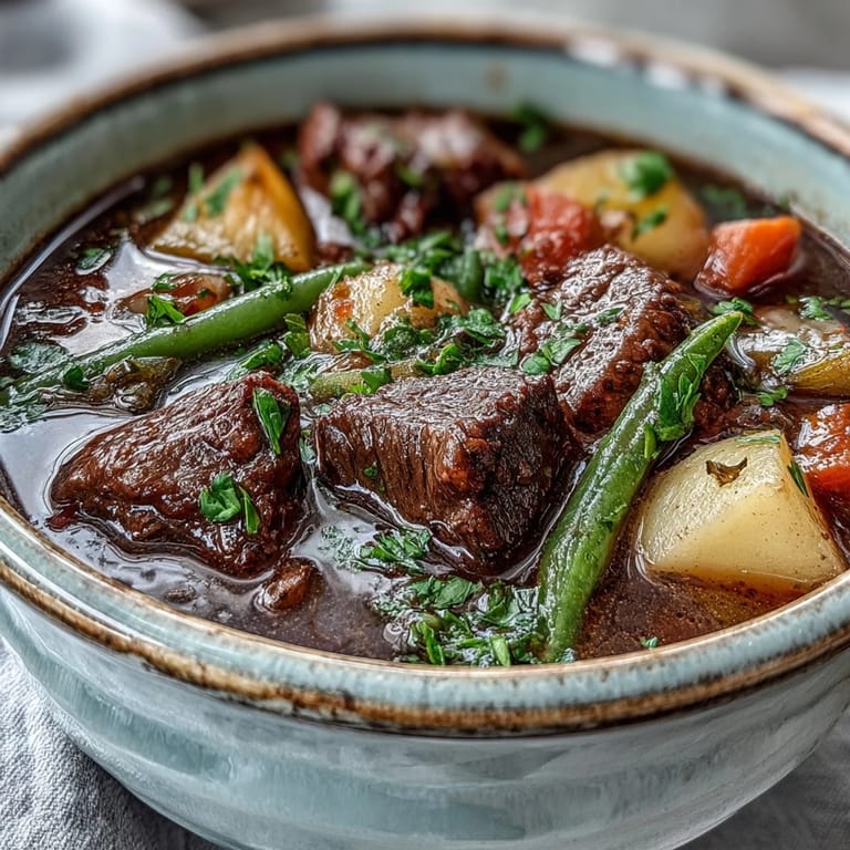 A warm bowl of Beef and Vegetable Soup topped with fresh parsley, served alongside crusty bread for a comforting family dinner.