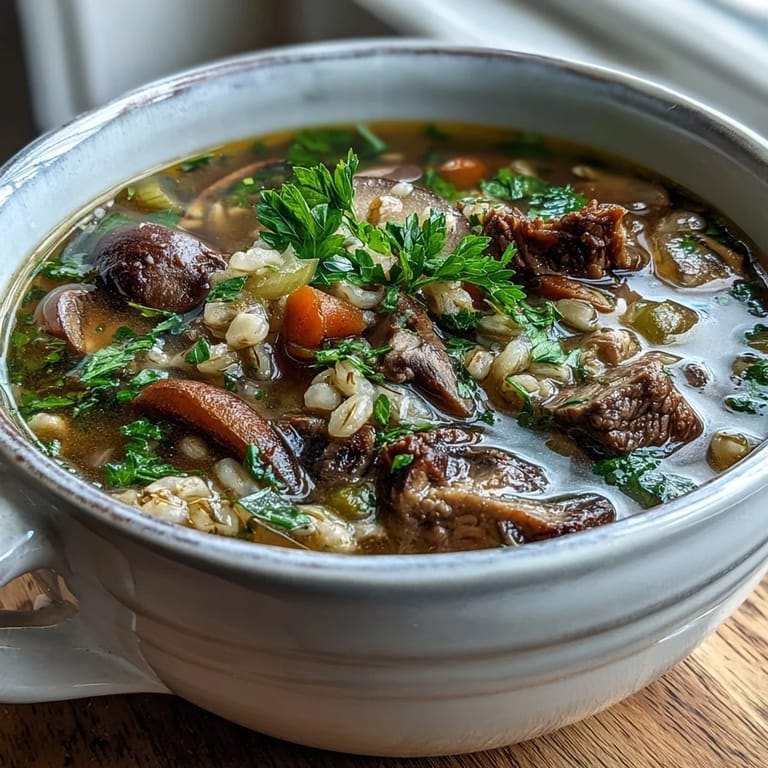 Steaming pot of Vegetable Beef, Barley, and Mushroom Soup simmering with sliced carrots and thyme.