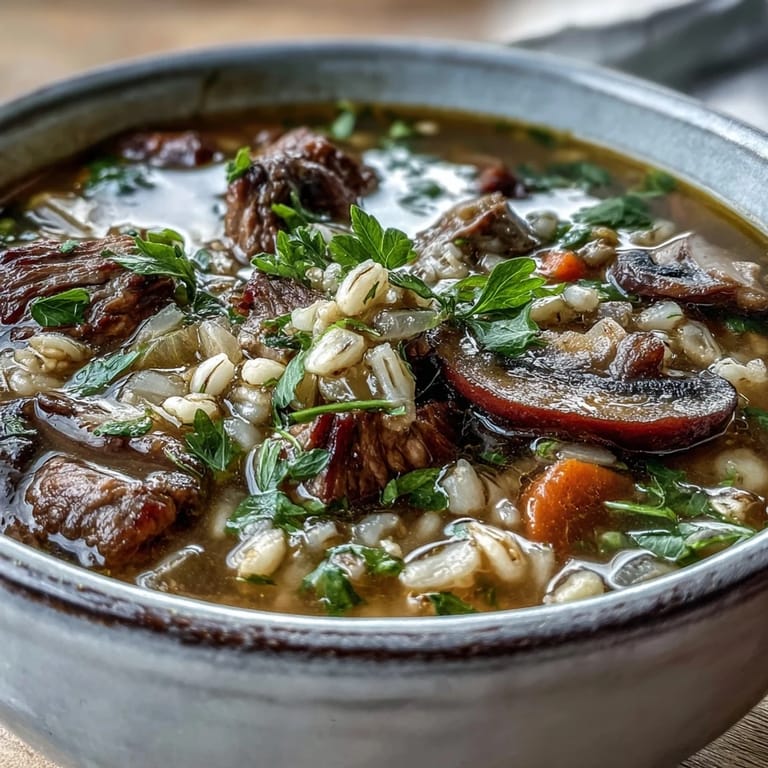Serving spoon lifting fresh Vegetable Beef, Barley, and Mushroom Soup with kale and crusty bread.
