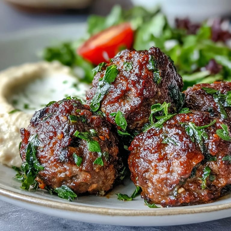 Juicy venison meatballs topped with fresh mint and lemony salad, served next to a swirl of homemade hummus.