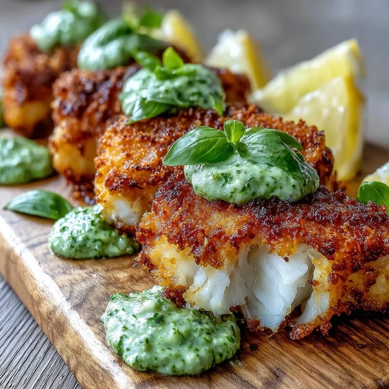 A close-up shows freshly baked Haddock Goujons With Parmesan Crust, paired with creamy pea pesto dip.