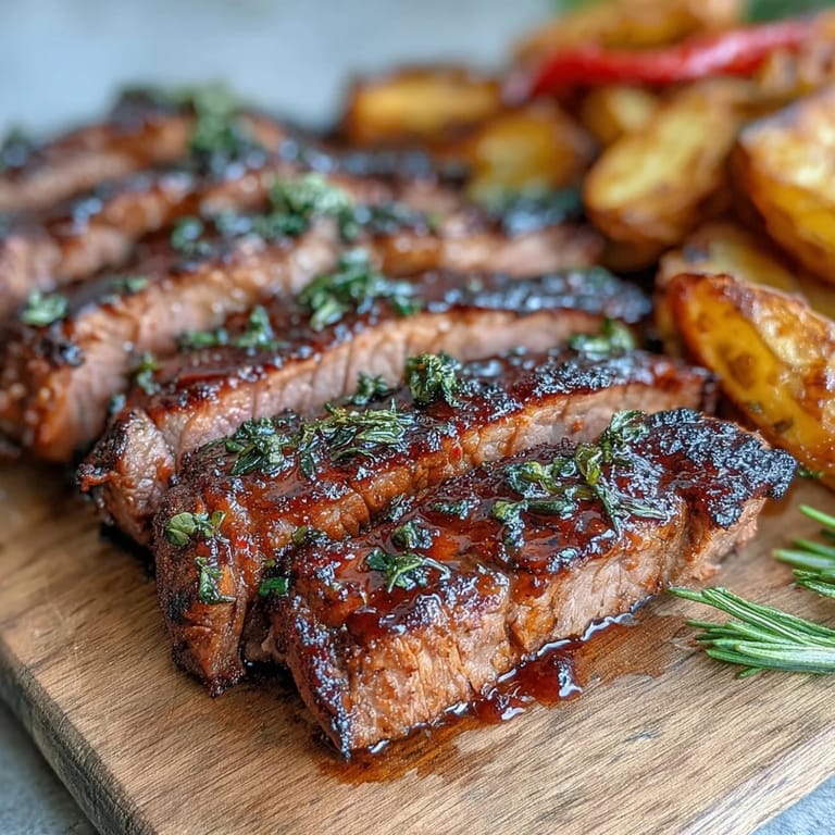 Juicy Ibérico pork fillet with roasted potatoes and red peppers served with lemon wedges.