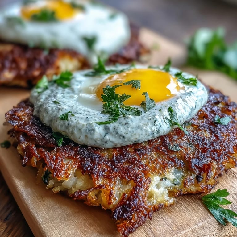 A close-up of vegetarian celeriac rösti with harissa yogurt and a runny egg yolk for brunch.