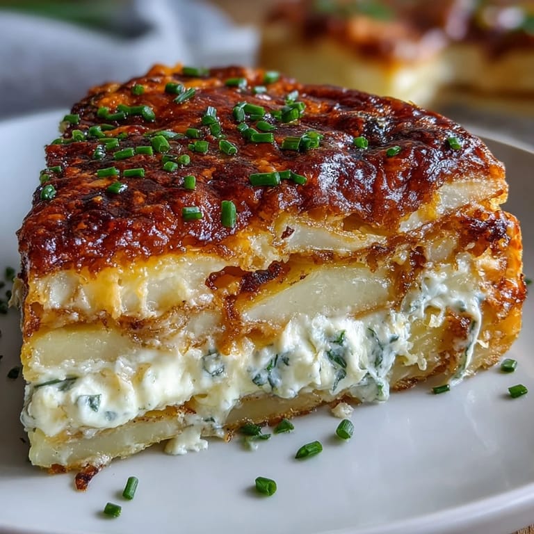 A spoon scoops into a hearty Cheese and Potato Pie, revealing tender potatoes and onions enveloped in rich, creamy sauce.