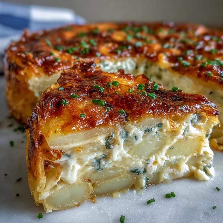 Slices of savory Cheese and Potato Pie are served warm on a plate, garnished with fresh chives and a side salad.
