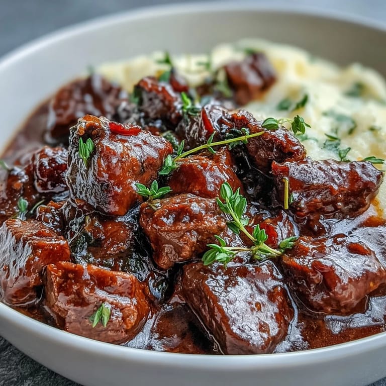 Creamy polenta topped with rich Venison Stew with Sloe Gin, carrots, and aromatic herbs.