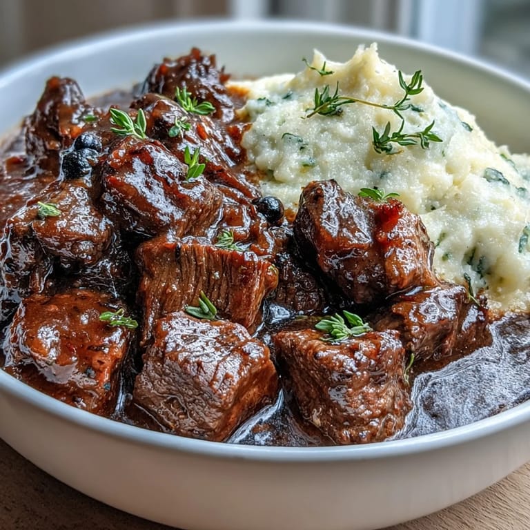 Warm Venison Stew with Sloe Gin and Polenta served in a rustic ceramic bowl.