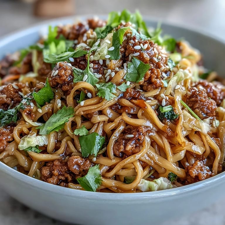 Savory Potsticker Noodle Bowls tossed with tender noodles, fresh cilantro, and lime wedges for serving.
