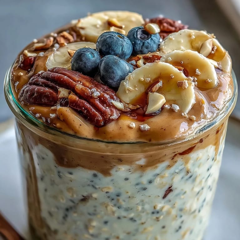 Spoon-ready High-Protein Peanut Butter Overnight Oats with a rich swirl of peanut butter drizzle.