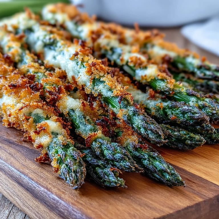 Oven-baked Crispy Asparagus Asiago Spears garnished with parsley and melted Asiago.