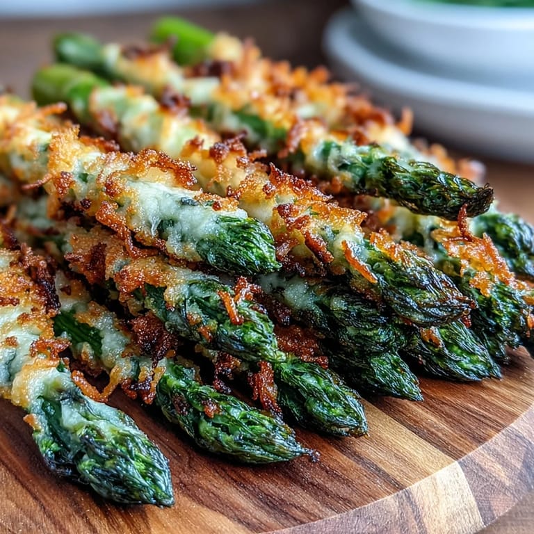 Fresh Crispy Asparagus Asiago Spears served with creamy dipping sauce for appetizers.