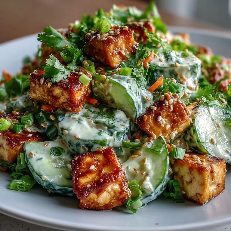 A finished serving of Creamy Asian Cucumber Salad with Crispy Tofu, drizzled with chili oil and topped with bright carrot matchsticks.