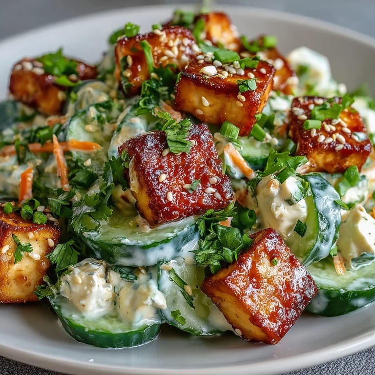 Crispy tofu and crunchy cucumbers are tossed in a creamy sesame-ginger dressing. A perfect protein-packed vegetarian lunch or light dinner.