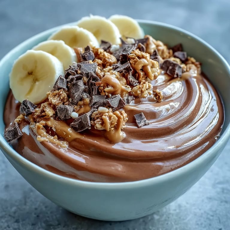 Healthy breakfast Chocolate Peanut Butter Smoothie Bowl with frozen banana, cocoa, and Greek yogurt, topped with chopped dark chocolate.