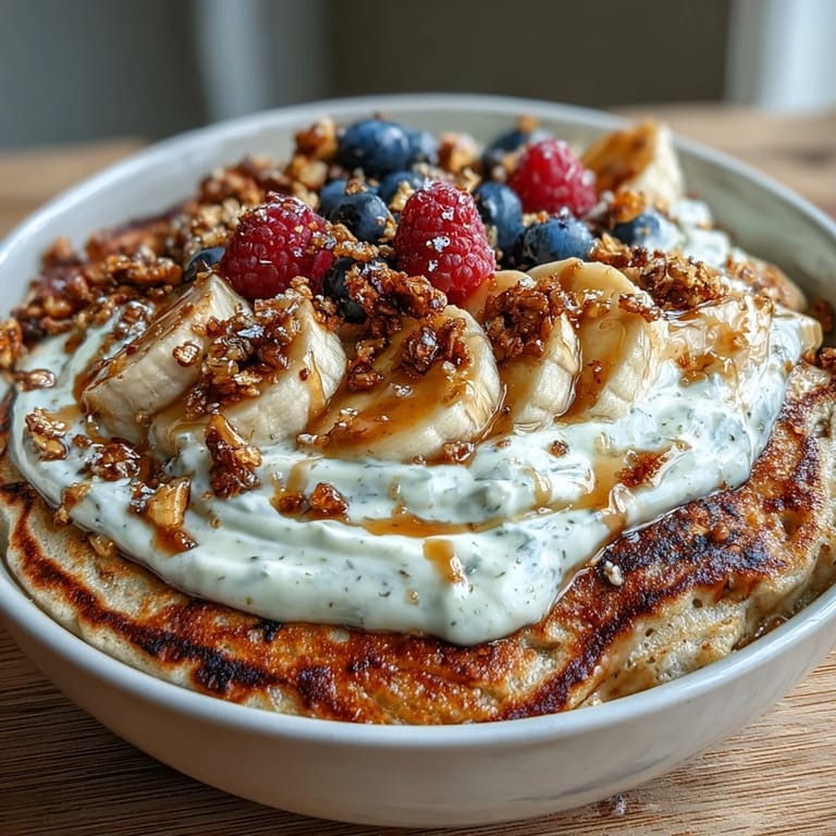 Enjoy a hearty Protein Pancake Bowl stacked with golden pancakes, berries, yogurt, and crunchy granola for breakfast.