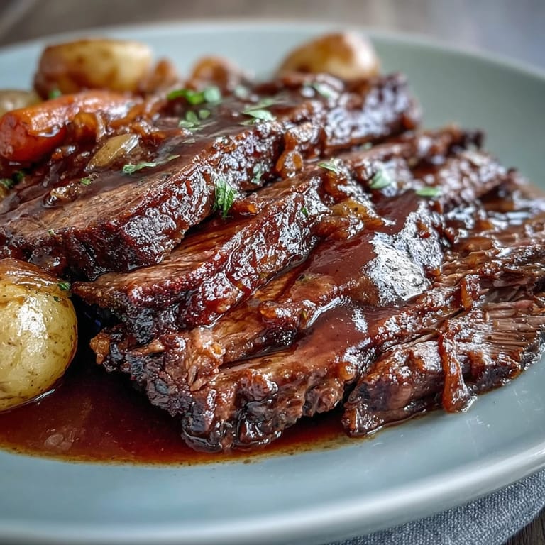 Hearty beef pot roast sliced against the grain, drizzled with savory juices alongside roasted root vegetables.